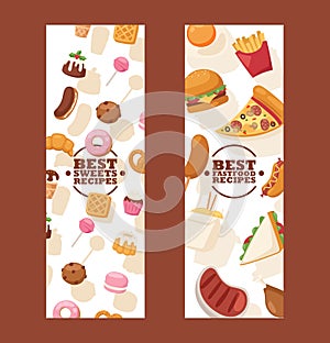 Junk food banners, vector illustration. Website advertisement for street cafe or food delivery page. Pizza, hamburger