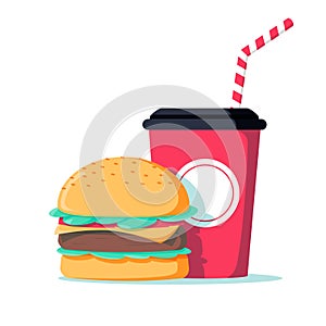 Junk food burger sandwich with soda drink icon. Fast food unhealthy eating. Street breakfast with cheeseburger and cola.