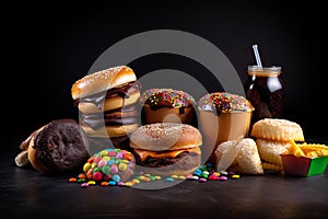 Junk food concept Unhealthy food background Fast food and sugar Burger, sweets, chocolate, donuts, soda on a dark background. ai