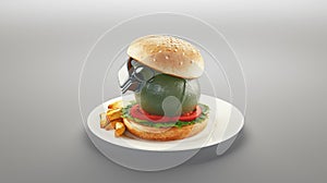 Junk Food enhancing the risk of cancer. Hamburger with Grenade. Unhealthy or Dangerous Food Concept. 3d rendering