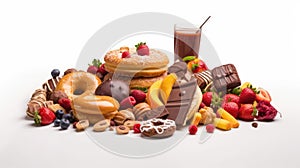 Junk food and fast food delights on a pristine indulge in tempting white background