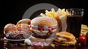 Junk food and fast food delights on a pristine indulge in tempting white background