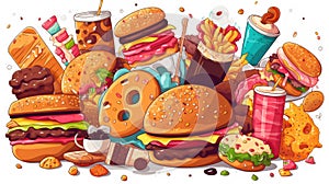 Junk food and fast food delights on a pristine indulge in tempting white background