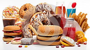 Junk food and fast food delights on a pristine indulge in tempting white background