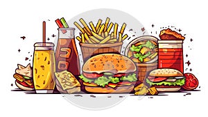 Junk food and fast food delights on a pristine indulge in tempting white background