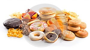 Junk food and fast food delights on a pristine indulge in tempting white background