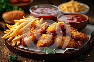 Junk food feast fried chicken, fries, and nuggets on table