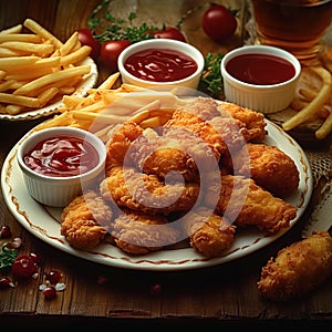 Junk food feast fried chicken, fries, and nuggets on table