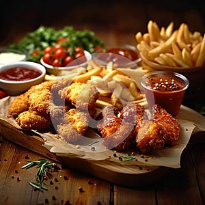 Junk food feast fried chicken, fries, and nuggets on table