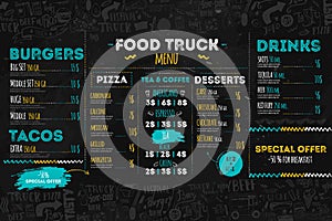 Junk Food festival menu template, street restaurant brochure cover. Modern truck flyer with hand-drawn lettering and