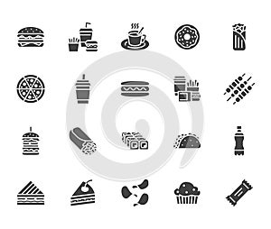 Junk food flat glyph icons set. Burger, fast snacks, sandwich, french fries, hot dog, mexican burrito, pizza vector