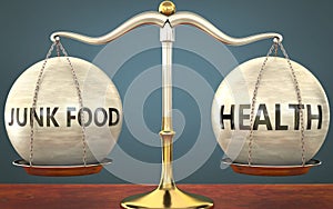 Junk food and health staying in balance - pictured as a metal scale with weights and labels junk food and health to symbolize