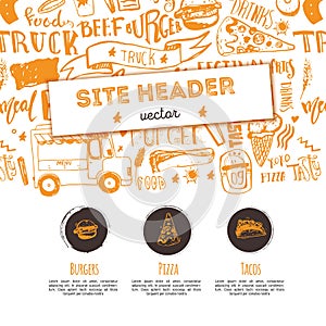 Junk food restaurant vector site header template. Festival promotion design with lettering and icons. Food truck doodle