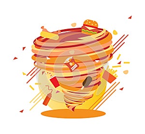 Junk Food swirl, mad calories hurricane, vector illustration