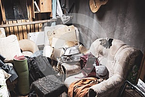 junk in the garage lying in a chaotic and chaotic position, the front and back backgrounds are blurred with a bokeh effect