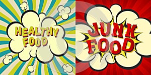 Junk and healthy food retro style images. Comic cartoon explosion with hypno rays background. Vector illustrations for diet and nu