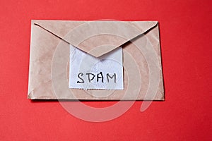 Junk mail or spam and fake letter idea. Concept for unsolicited mail or e-mail. Piece of toilet paper and envelope