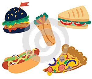 Junk street food set. Burger, hamburger, pizza, sandwich, burrito and hot dog. Traditional takeaway food in chain fast food cafes