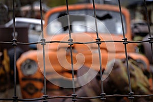 Junked Old Broken Car Behind Wire Fence Security Junkyard Junk Yard