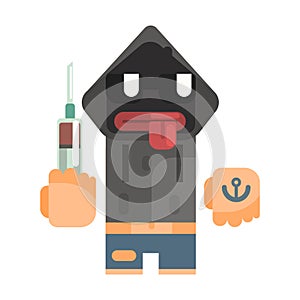 Junkie With Hoodie And Shades Holding Syringe, Revolting Homeless Person, Dreg Of Society, Pixelated Simplified Male photo