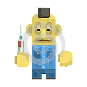 Junkie With Syringe And Mohawk, Revolting Homeless Person, Dreg Of Society, Pixelated Simplified Male Vagabond Character photo