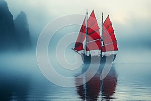 Junks with Red Sails Floating on Foggy Waters with Mountainous Background photo