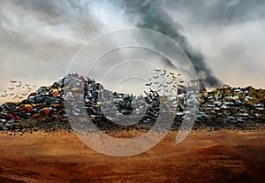 Junkyard with bulldozer and birds landscape photo