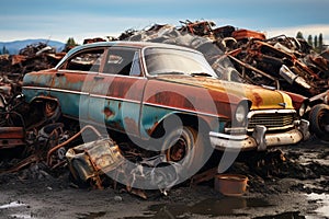 Junkyard history old cars rust away, embodying environmental pollution concerns