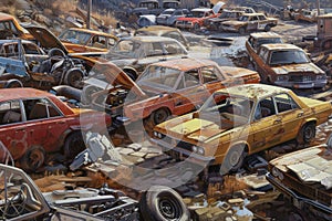 ..Junkyard pile towers with rusting abandoned cars, eerie and chaotic