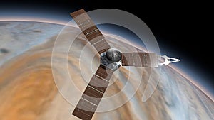 Juno is a NASA space probe orbiting the planet Jupiter. Jupiter Planet Rotating in the outer space. Traveling to planet Jupiter in