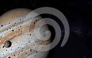 Jupiter and its moons and asteroids. 3D illustration