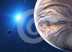 Jupiter and moon, satellite view of the planet and sun. View of a satellite orbiting the planet