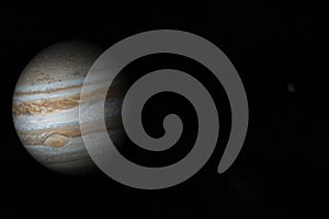 Jupiter planet and satellite Callisto in rotation in the outer space. 3d render