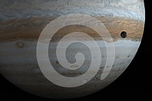 Jupiter planet and Ganymede in the outer space. 3d render photo