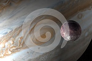 Jupiter planet and satellite Ganymede in the outer space. 3d render photo