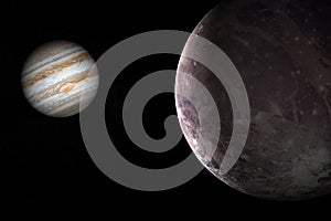 Jupiter planet and satellite Ganymede in rotation in the outer space. 3d render
