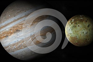 Jupiter planet and satellite Io in rotation in the outer space. 3d render