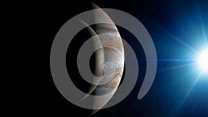 Jupiter planet surface and Europa moon, space view.
