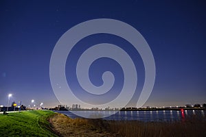 Jupiter and Saturn planets in the night sky appearing as a rare phenomenon at dusk during winter