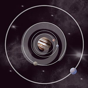 Jupiter in Space with satellites on orbits, illustration with planets, Space exploration picture with stars and orbits