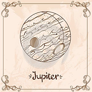 Jupiter. Vintage stylized outline drawing of the Jupiter. The symbols of astrology and astronomy