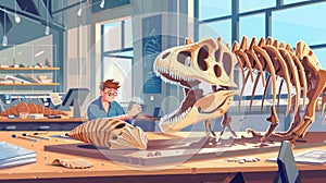 Jurassic fossil dinosaur in palaeontology science lab. In prehistoric lab, dinosaur bone is being analyzed photo