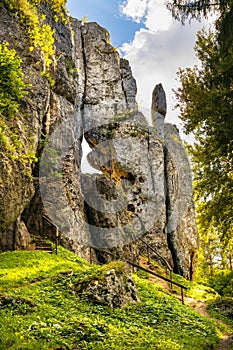 Jurassic limestone rock formations and natural caves in Gora Birow Mountain in Podzamcze of Silesia in Poland