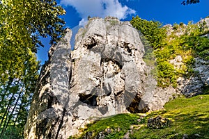 Jurassic limestone rock formations and natural caves in Gora Birow Mountain in Podzamcze of Silesia in Poland