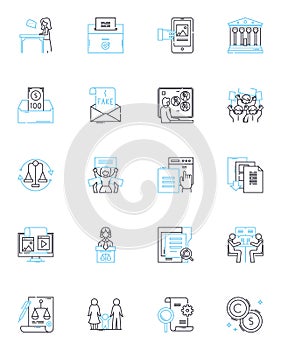 Jurisdictional privileges linear icons set. Immunity, Sovereignty, Exterritoriality, Diplomatic, Consular, Jurisdiction