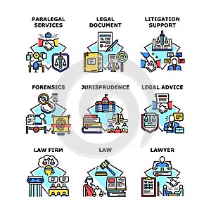 Jurisprudence Help Set Icons Vector Illustrations