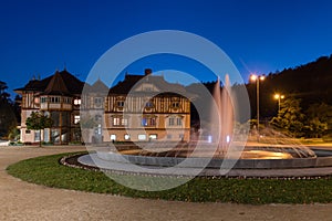 Jurkovic house with fountain at night in Luhacovice, Czech Republic