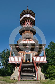 Jurkovic lookout tower in Wallachian Open Air Museum, Roznov pod Radhostem, Czech republic.