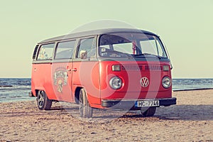 Jurmala, Latvia - May 28, 2016: vintage bus on the beach