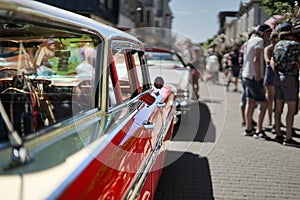 Jurmala, Latvija - 06.06.2018 Vintage classic car. Old and stylish. Red Muscle car